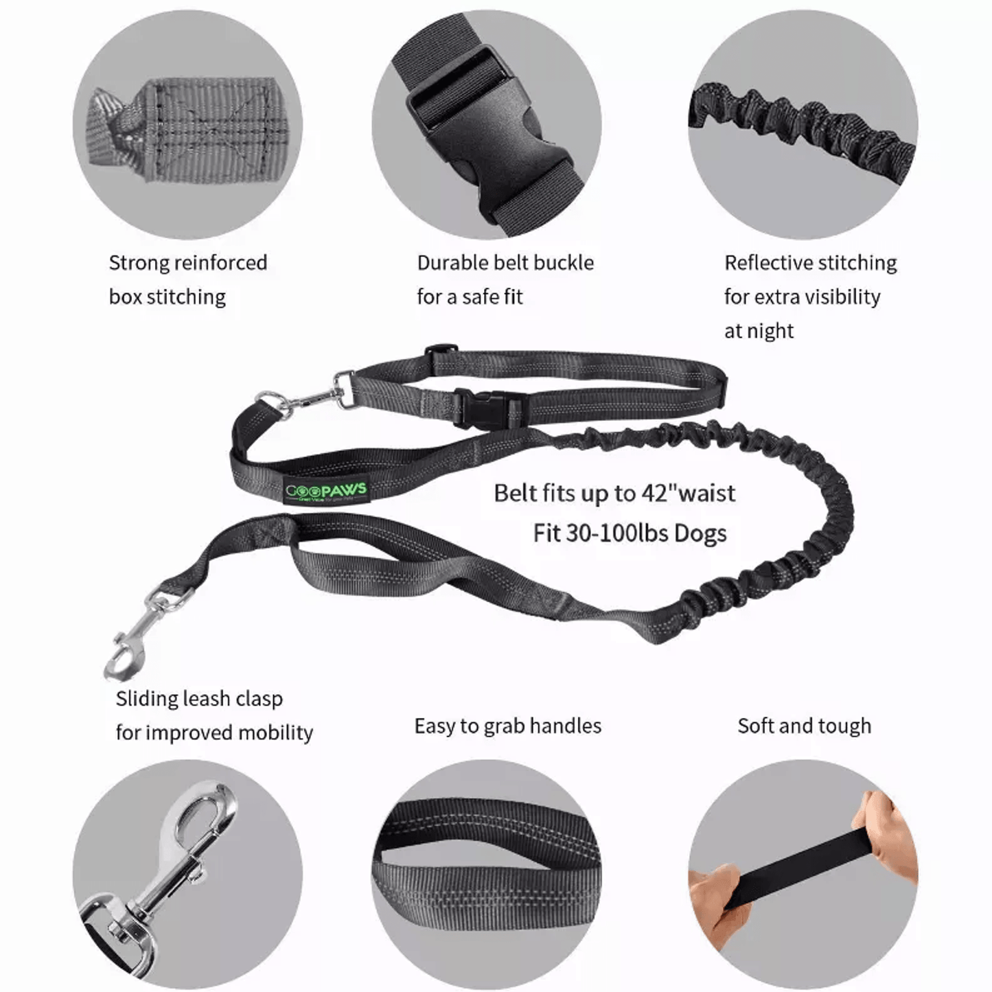 JESPET Hands-Free Bungee Dog Leash with Adjustable Waist Belt and Dual Control Handles